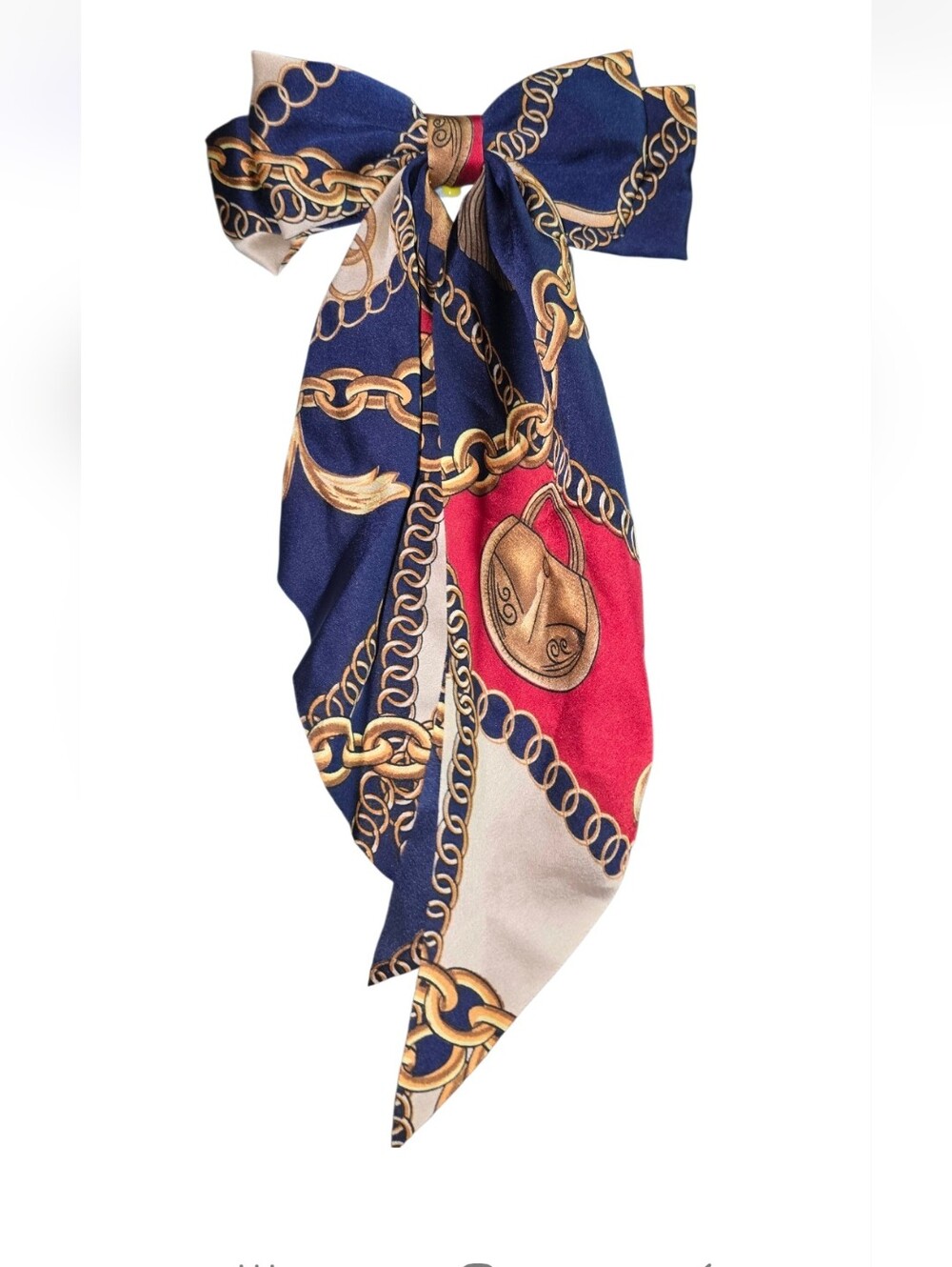 #B65 Silk-Feel Chain Print Bow Hair Scarf - Blue/Red/White - Picture 2 of 3